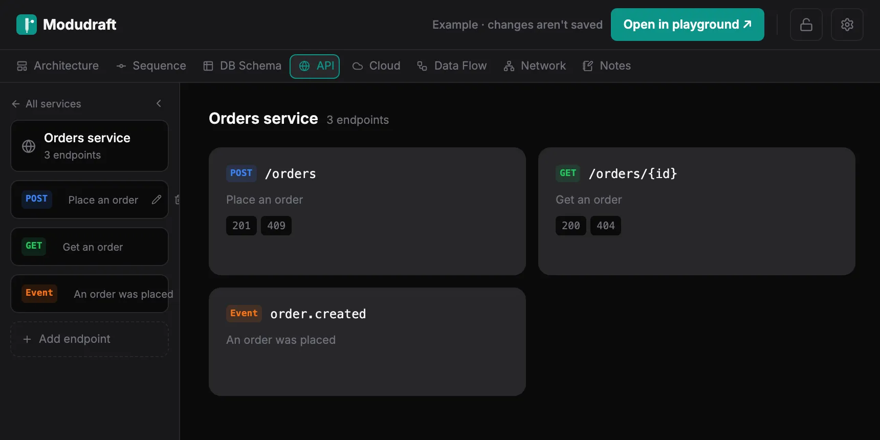 API tab showing its contracts